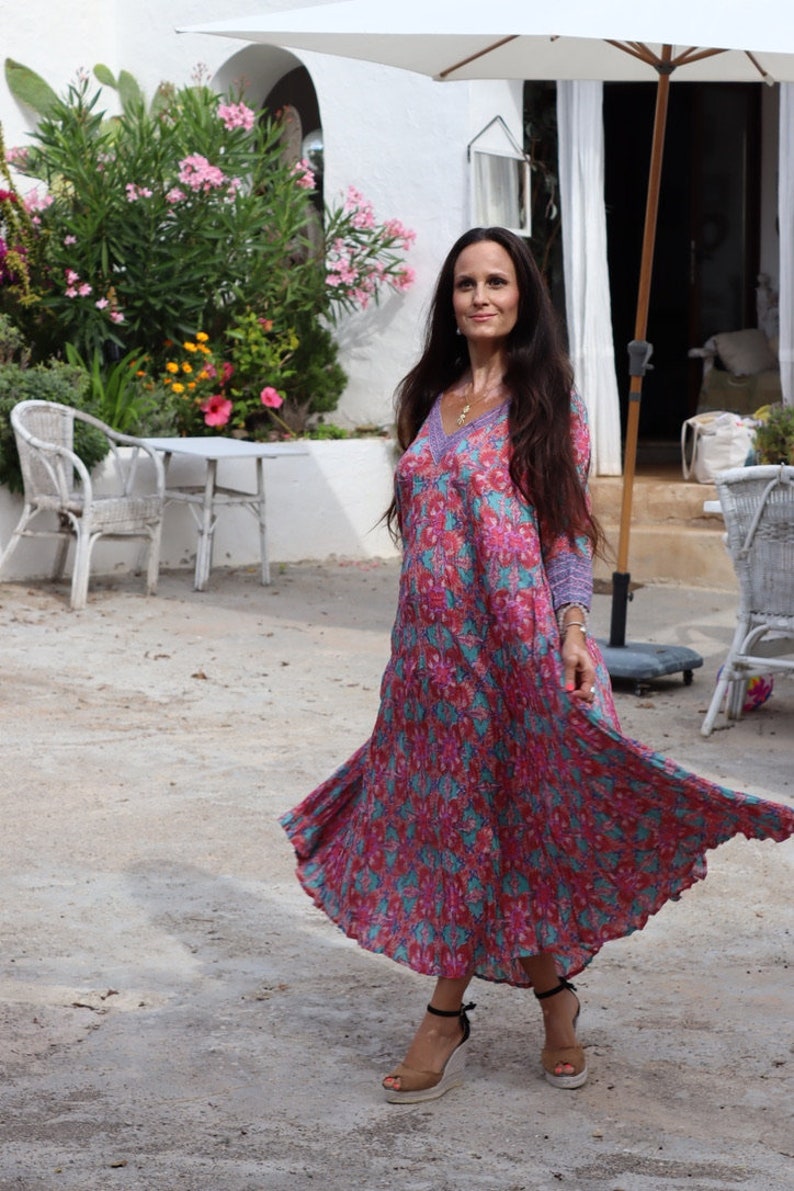 Plus size boho maxi dress made in handmade block print in fresh Mediterranean blue and white organic cotton image 7