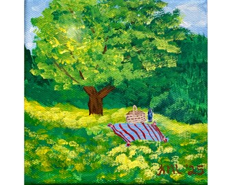 Miniature Acrylic Picnic Painting: 5x5 Canvas, Meadow Landscape
