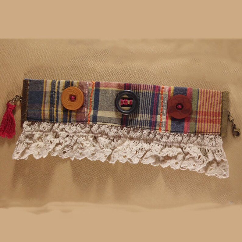 Boho Cuff Bracelet. Plaid Shirting Cotton Lace Vintage image 4