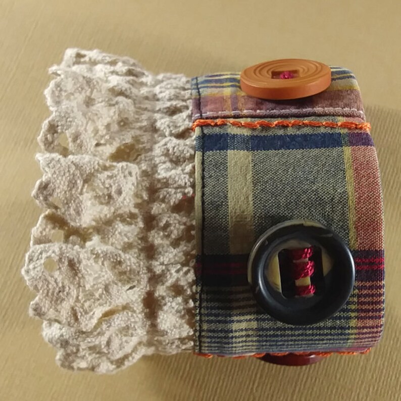 Boho Cuff Bracelet. Plaid Shirting Cotton Lace Vintage image 2