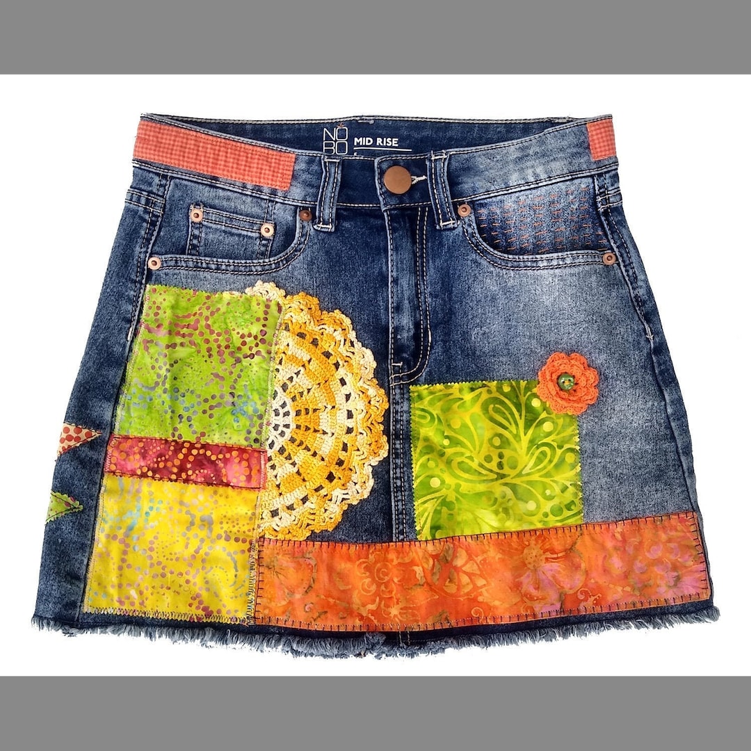 Vintage Denim Jeans Skirt Batik Patches Kantha Embroidery - Etsy