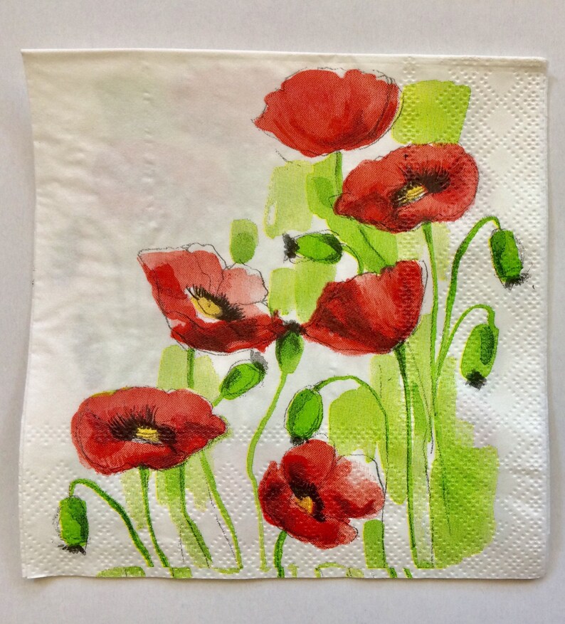 Poppies Decoupage Napkins 3 Red Poppy Flower Paper Napkins Etsy