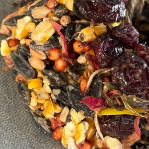 May include: A bird treat shaped like a heart, composed of a dense mixture of black sunflower seeds, cracked corn, dried orange berries, and dark red dried cranberries, held together with a natural twine loop at the top for hanging.