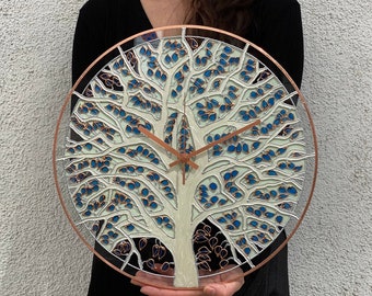 Glow In Dark Baum Uhr in Weiß, Blau und Kupfer: Große Glas Wandkunst