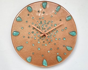 Copper Colour Fused Glass clock, Glow in the dark, Blue glass drops, Water Effect, 10" Wall Decor, Bathroom Clock, Modern Fused Glass Clock