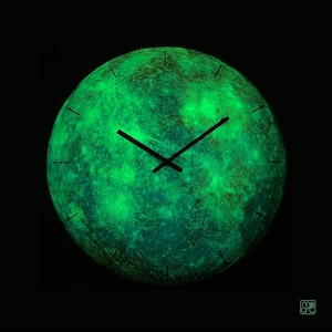 Glowing Mercury wall clock, with a minimalist, astrology-inspired design. Hand-painted on glass, this celestial clock is ideal for yoga studio decor or as a modern office addition. Makes a unique gift for Gemini and Virgo zodiac signs.
