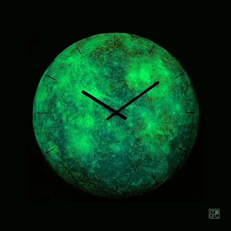 Glowing Mercury wall clock, with a minimalist, astrology-inspired design. Hand-painted on glass, this celestial clock is ideal for yoga studio decor or as a modern office addition. Makes a unique gift for Gemini and Virgo zodiac signs.