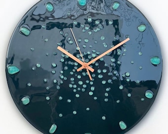 Dark Grey Minimalist Fused Glass Clock with Turquoise Accents – Glow-in-the-Dark Wall Decor