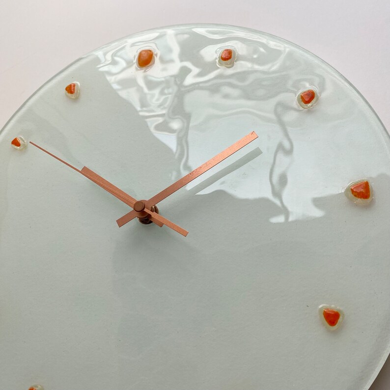 One of a Kind, 12 White Fused Glass Clock, Unique Wall Clock, Modern Wall Clock, Orange Details, Copper Colour Details, Recycle Glass Clock image 5