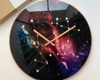 Glow In The Dark, Love Constellations Clock, Glass Clock, Hand Made Zodiac Art, Astrology Lovers, Night Sky Clock, Anniversary Gift, Cosmos