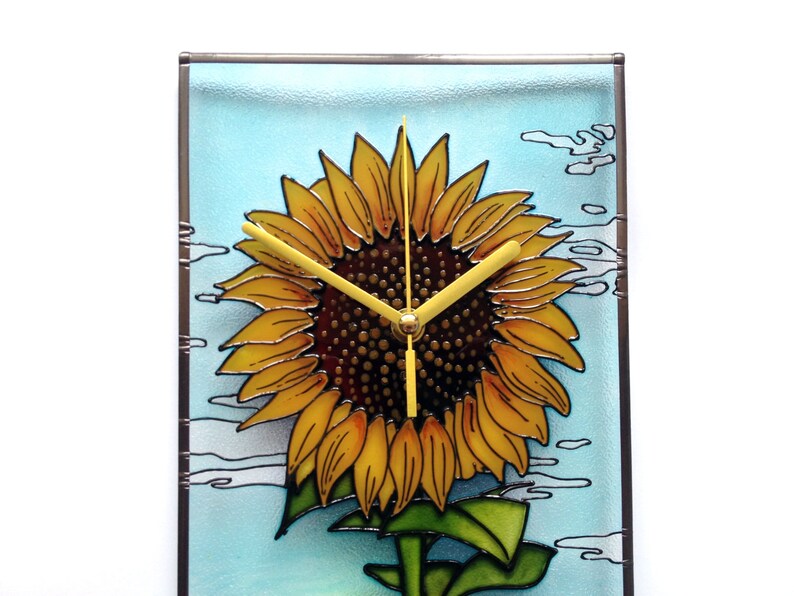 Sunflower Decor Kitchen Clock Painted Glass Art Sunflower Etsy