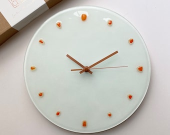 One of a Kind, 12" White Fused Glass Clock, Unique Wall Clock, Modern Wall Clock, Orange Details, Copper Colour Details, Recycle Glass Clock