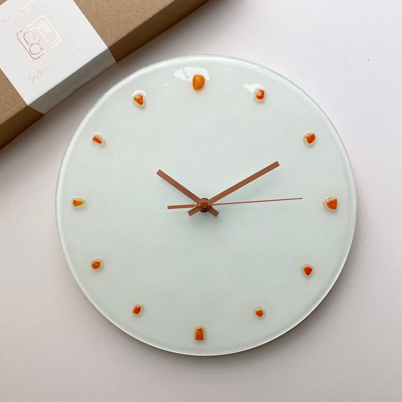 One of a Kind, 12 White Fused Glass Clock, Unique Wall Clock, Modern Wall Clock, Orange Details, Copper Colour Details, Recycle Glass Clock image 1