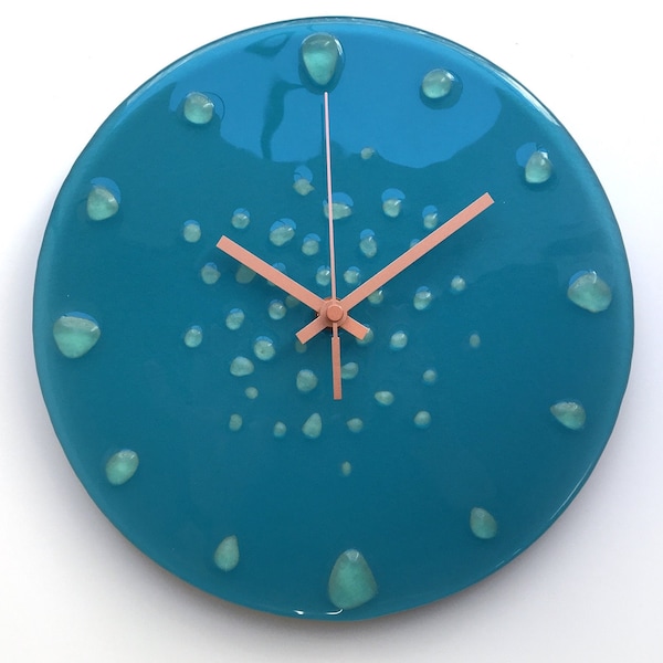 Glow in the Dark Wall Clock, 10" Recycled Glass Clock, Fused Glass Art Clock, Wall Decor, Blue Wall Clock, Nautical Wall Clock, Art Clock