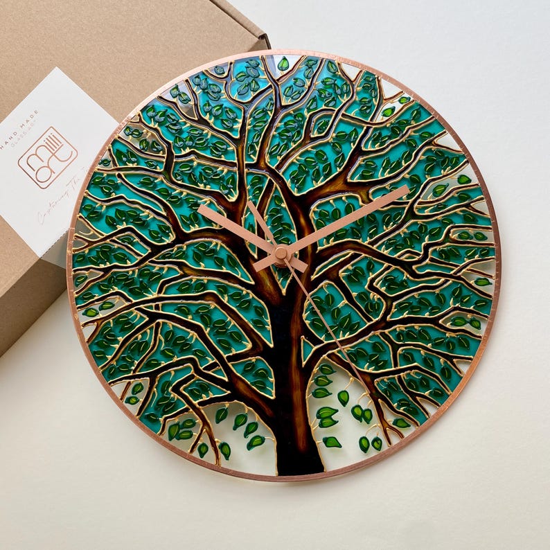 Handmade Tree of Life glass clock with eco friendly gift box, artisan wall decor, thoughtful gift for housewarming or birthday
