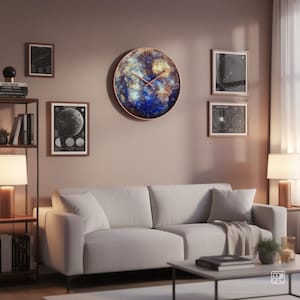 Large Mercury glass wall clock displayed above a sofa in a modern living room, showing its scale and colorful planetary design in an interior.