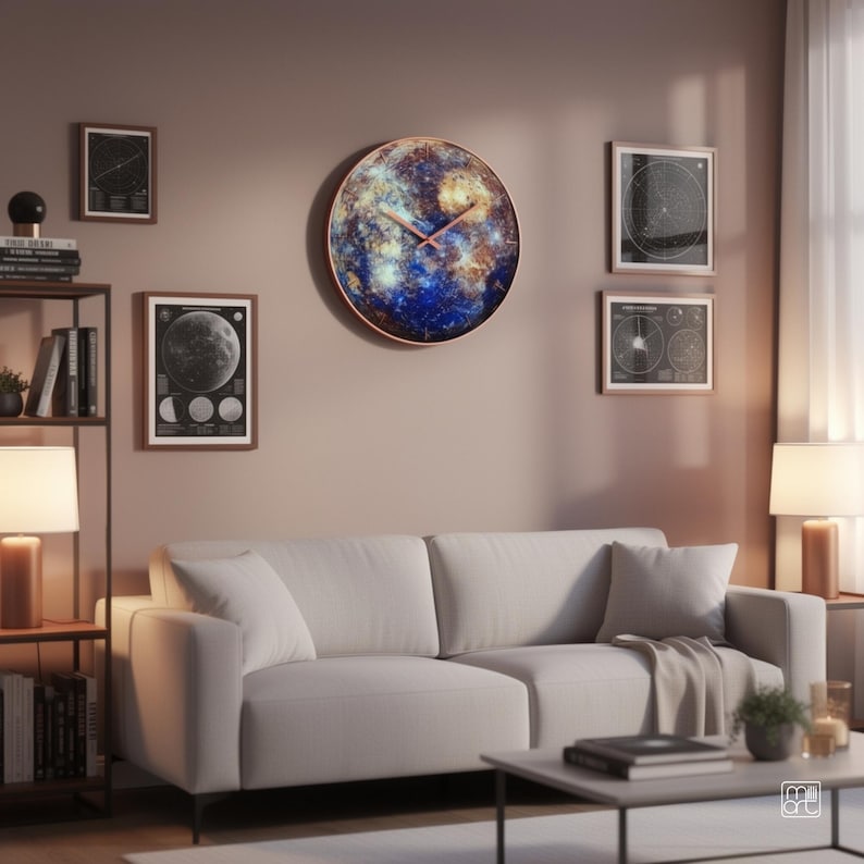 Large Mercury glass wall clock displayed above a sofa in a modern living room, showing its scale and colorful planetary design in an interior.