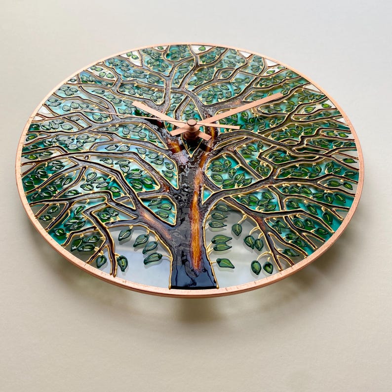 Tree of Life glass wall clock viewed from above, handcrafted green tree design, decorative nature wall clock, unique handmade home decor