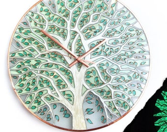 Stained Glass Clock, Wall Clock, Contemporary Art, White Tree  Clock, Glow in the Dark Clock, Modern Nature  Clock, Boho Clock, Large Clock