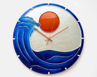 Large Wall Clock Nautical Ocean Wave • Coastal House Decor • Hand Painted Glass Clock • Gift for Dad