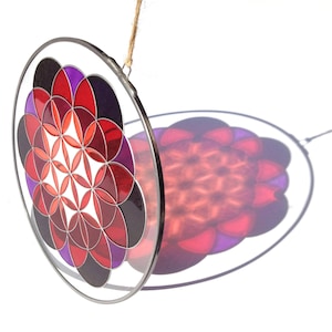 Flower of Life Mandala in Purple, Red and Silver: Sacred Geometry Glass Suncatcher