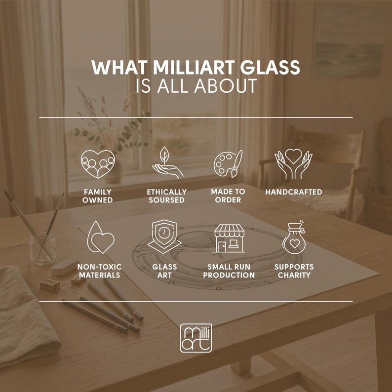 Infographic highlighting Milliart Glass values, including handcrafted production, recycled glass, ethically sourced materials, non-toxic paints, free gift wrapping, and support for a children's charity.