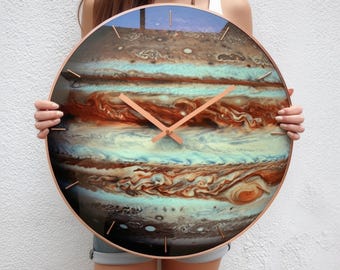Oversized Wall Clock made on Glass, Jupiter Planet • Glow in the Dark