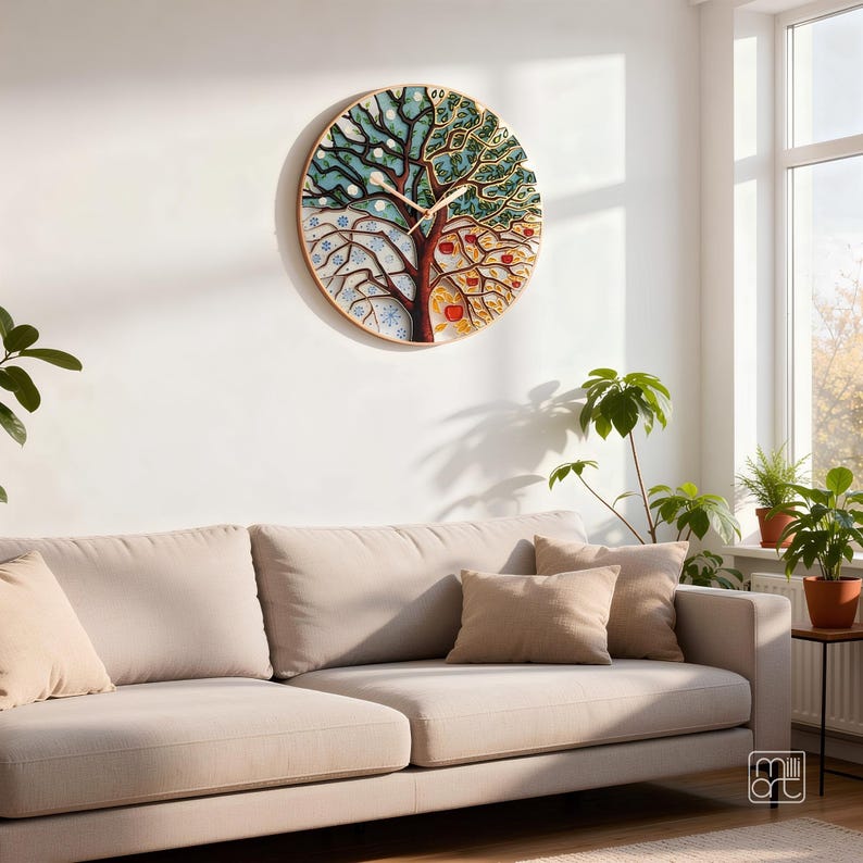 Hand painted Tree of Life large wall clock displayed in a modern living room, oversized glass wall art for meaningful home decor and wedding gift