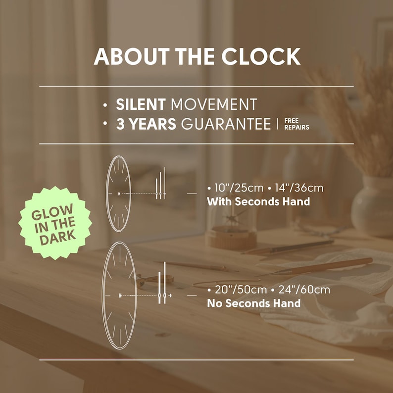 Handmade glass wall clock with silent movement, glow in the dark effect, premium materials and 3 year guarantee by Milliart Glass