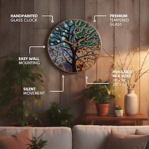 Features of Tree of Life large wall clock including hand painted glass, silent movement, premium tempered glass and wall mounting