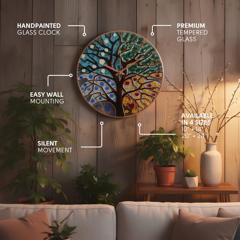 Features of Tree of Life large wall clock including hand painted glass, silent movement, premium tempered glass and wall mounting