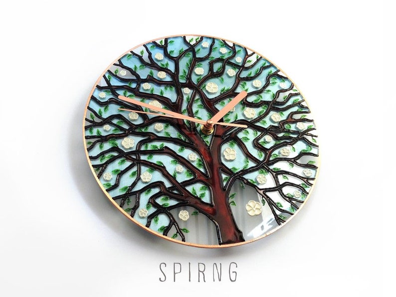 Stained Glass Clock, Wall Clock, Stained Glass, Glass Painting, Hand Painted Glass Clock, Unique Clock, Art Glass, Modern Clock,Four Seasons Spring