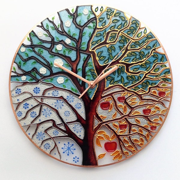 Stained Glass Clock, Wall Clock, Stained Glass, Glass Painting, Hand Painted Glass Clock, Unique Clock, Art Glass, Modern Clock,Four Seasons