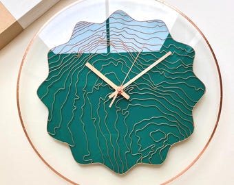 Personalized Topographic Wall Clock – Hand-Painted Glass Map Art, Contemporary Home Decor