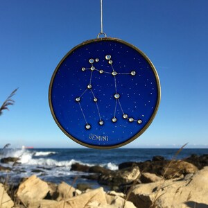 Personalized Gemini Gift Zodiac Sun Catcher in Dark Purple: Painted Glass Celestial Decor image 3
