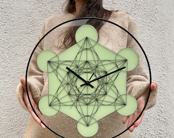 Glowing Metatron Cube Hand Painted Wall Clock: Modern Glow in the dark Glass Art for Yoga Spaces