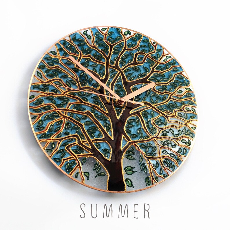 Summer Tree of Life oversized glass wall clock with vibrant turquoise leaves and detailed handcrafted branch artwork