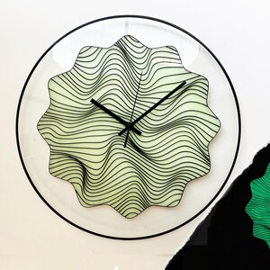Unique oversized wall clock, beautifully hand-painted with magical waves. Its glow-in-the-dark feature and gothic design with black finishing make it a striking addition to any boho-inspired space, combining art and functionality.Quirky wall clock.