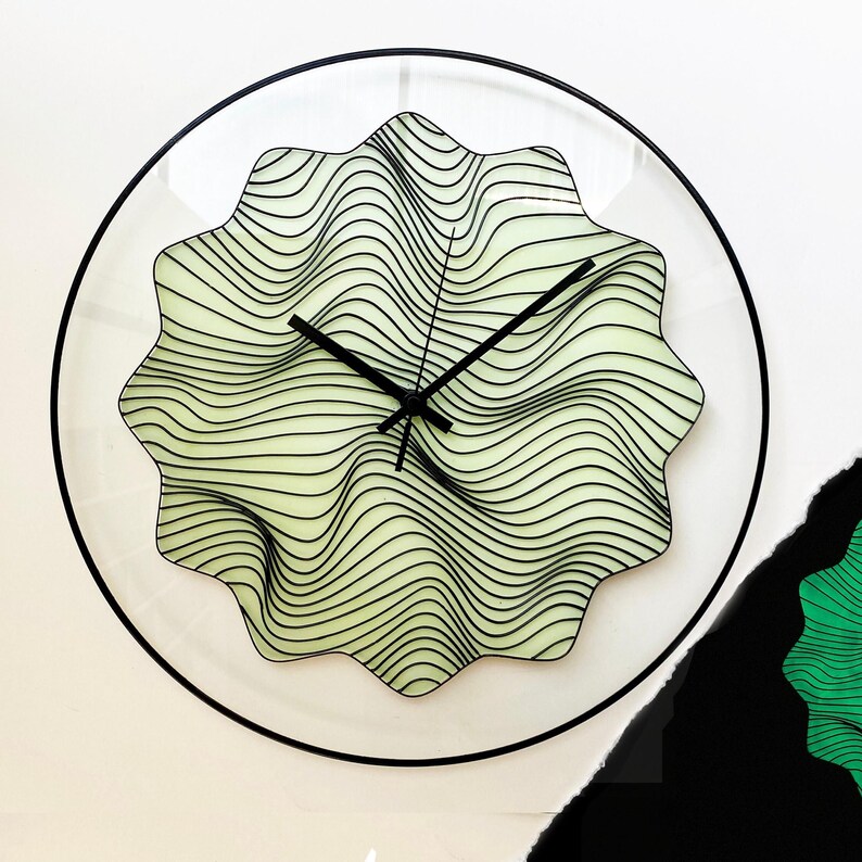 Unique oversized wall clock, beautifully hand-painted with magical waves. Its glow-in-the-dark feature and gothic design with black finishing make it a striking addition to any boho-inspired space, combining art and functionality.Quirky wall clock.