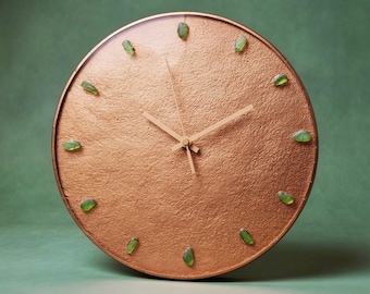 Fused Glass Copper Wall Clock with Sea Glass Accents for Minimalist Home Decor