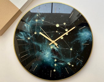Libra and Aries Zodiac Clock • Personalized Glass Art Constellation Wedding Gift • Glow in the Dark
