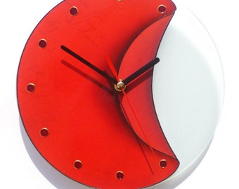 Unique Wall Clock, Red Wall Clock, Hand Painted Glass Artwork, Red Home Decor, Big Clock, Unusual Wall Art, Silent Clock, Unique Clocks