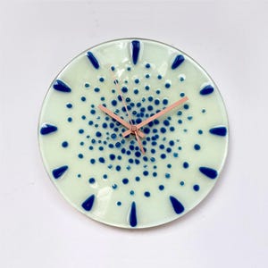 Pale Green Colour Fused Glass: Glow In The Dark Wall Clock, Eclectic Blue Accents, 10"