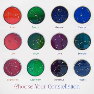 A collection of twelve round stained glass pieces, each representing a zodiac sign. The signs are displayed in various colors, including red, green, blue, and purple, with constellations outlined in silver and labeled with their names.