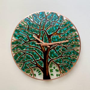 Green Tree of Life wall clock handcrafted on glass, nature inspired wall decor, unique handmade clock for living room or office