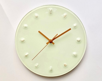 White Fused Glass Clock - Minimalist Wall Decor, Glow in the Dark, Handmade 10"/25cm