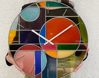Geometric Wall Clock, Painted on Glass, Glass Art, Colorful Glass Clock, Wall Clock, Huge Clock, Oversize Clock, 20" to 24", Big Oval Clock