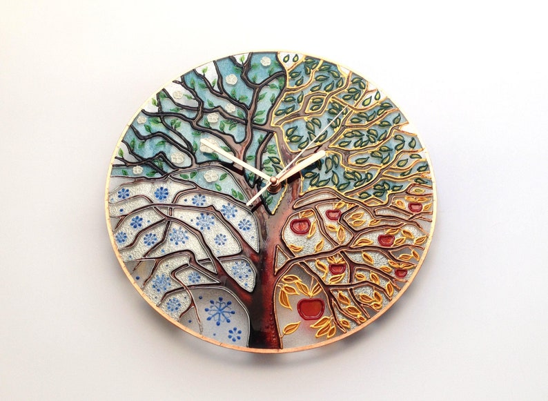 Unique Tree Clock Glass Wall Clock Big Clock Painted Glass Etsy