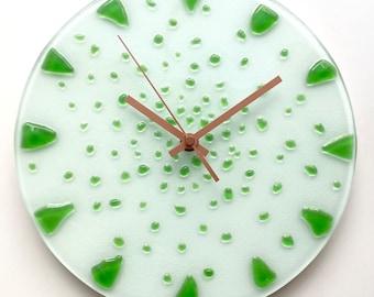 White Fused Glass, Boho Wall Clock, Gothic Green, Art Deco, Steampunk Clock, Minimalist Wall Clock, Real Handmade, Glow in Dark Unique Clock