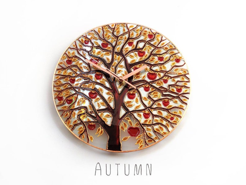 Stained Glass Clock, Wall Clock, Stained Glass, Glass Painting, Hand Painted Glass Clock, Unique Clock, Art Glass, Modern Clock,Four Seasons Autumn